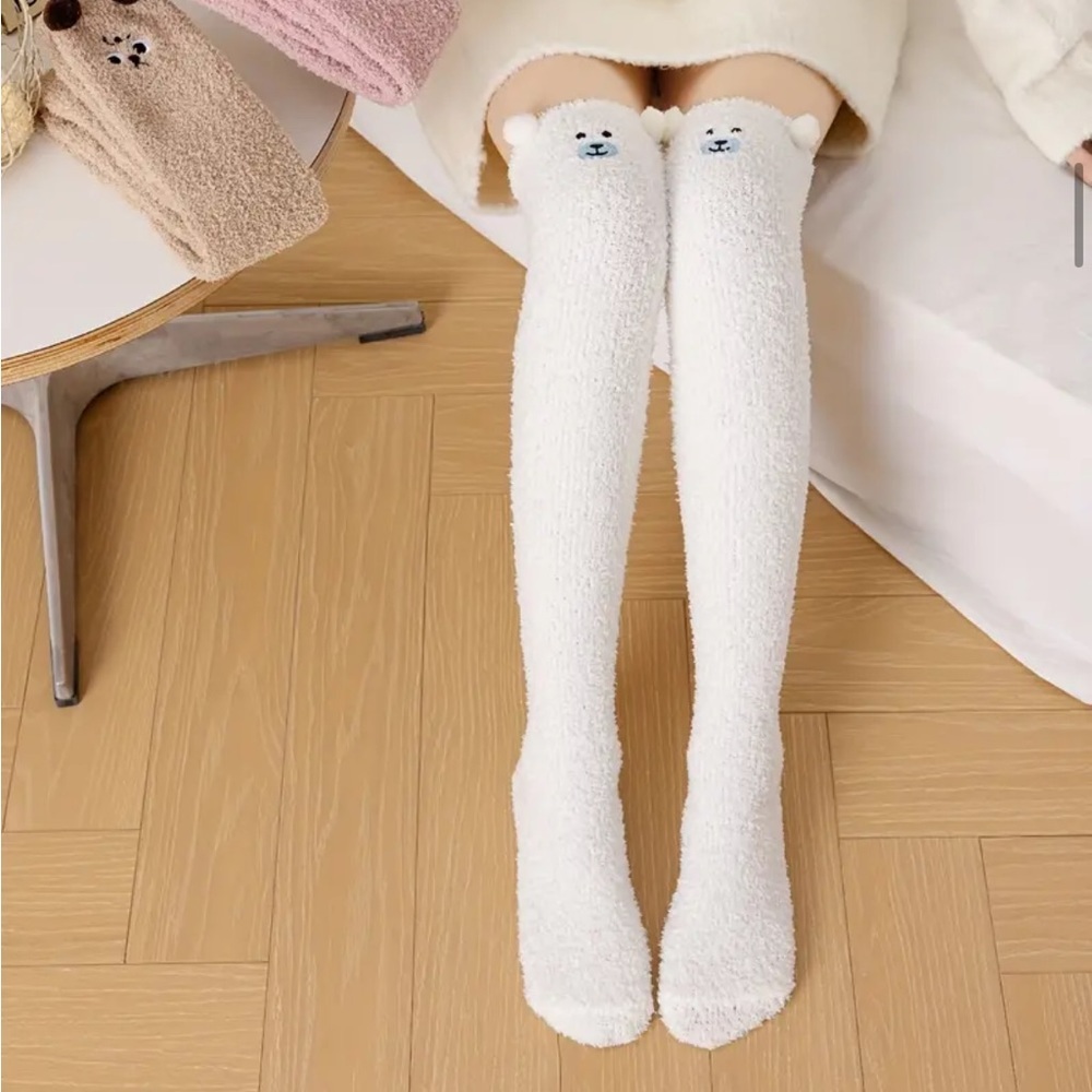 Cartoon Fuzzy High Knee Socks In White